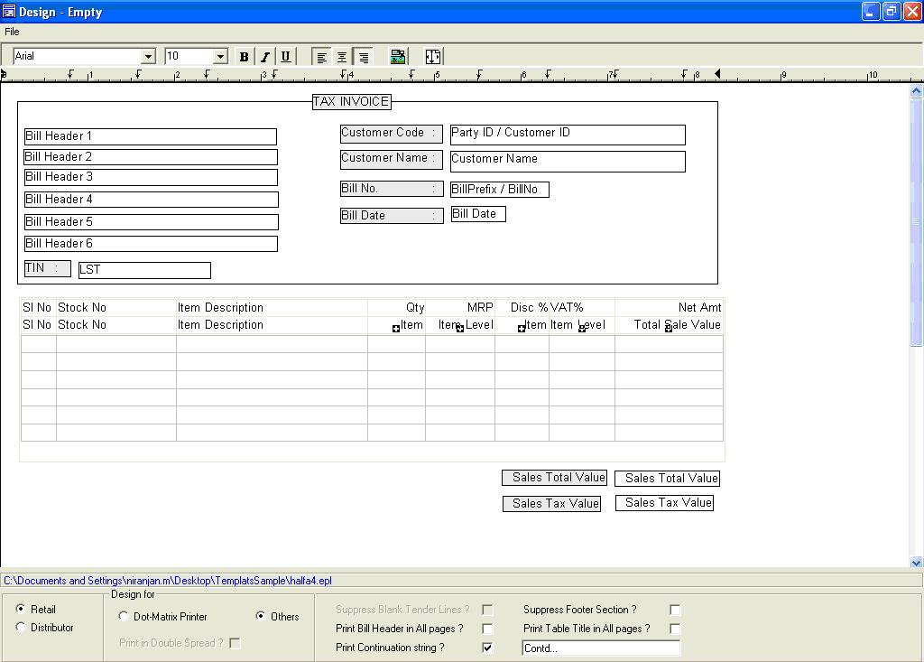 A sample Bill Template Design with Bill Header and left justification is displayed.
