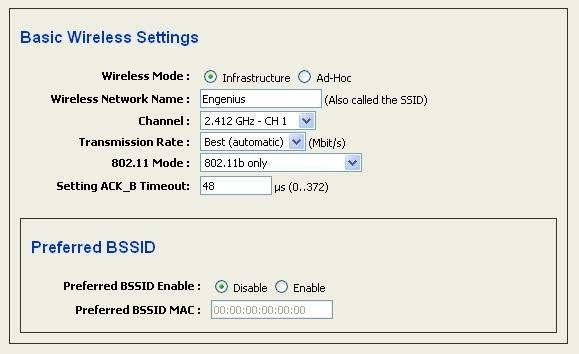 3.3.2 Infrastructure / Ad-hoc Mode Click on the Wireless_Setting link under the Wireless menu. The second part of this page allows you to configure the device in infrastructure or ad-hoc mode.