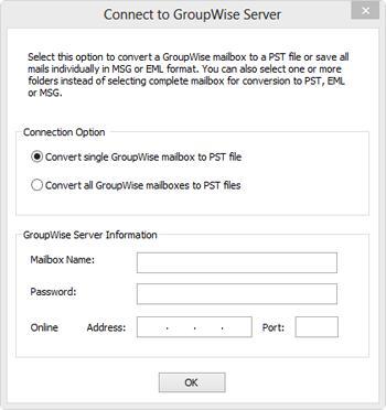 Connect to GroupWise Server You need to connect to the GroupWise server to access mailbox items in Stellar GroupWise to PST Converter for conversion. To convert GroupWise mailbox to a PST file, 1.