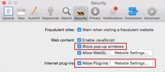 Configuring Your Browser Safari 2 Disable Block pop-up windows. 3 Enable Plug-ins and click Website Settings.