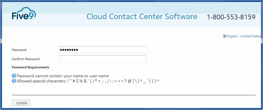 Managing the Five9 Plus Adapter for Salesforce Managing Your VCC Account 8 Choose a new password according to the requirements that are displayed, and click Update.