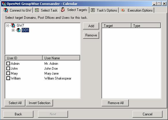 OpenNet Software Ltd. GWCommander v.3 Admin Guide, Page 12 3.2 Selecting Task s Targets On the third Wizard screen, you must select targets for the task.
