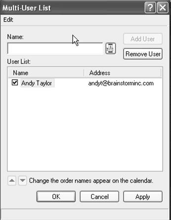 To share your calendar with someone, you also have to give that person permission. This is done in the Multi-User dialog box.