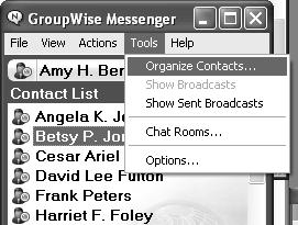 13. In the Tools drop down menu, choose Organize Contacts.... The Organize Contacts window appears. 14.