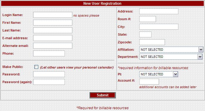 Setting up a New User Profile Visit your departmental resource page to access the OCF Scheduler. Click on the New User Sign up link to access the new user registration page and create a user profile.