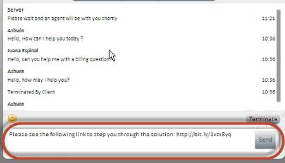In this case, the text from the assistance populates the Chat or Email typing field with the predefined text.