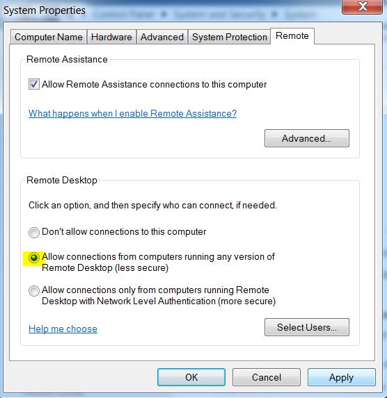 Enable the option Allow connections from computers running any version of Remote Desktop (less secure).