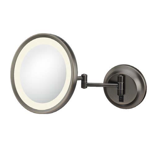 Round Wall Mirror 5x magnification 9 1/2 frame diameter 12 1/2 extension Hard-wired 3,900 Kelvin Temperature (light color) 92415HW Italian Bronze
