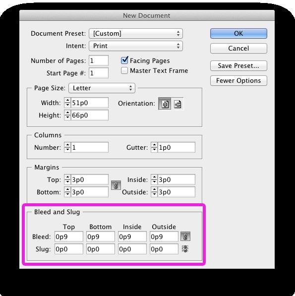 Indesign When creating a new document in InDesign, button in the new file dialog box to display your bleed settings. Enter 0p9 or.125.