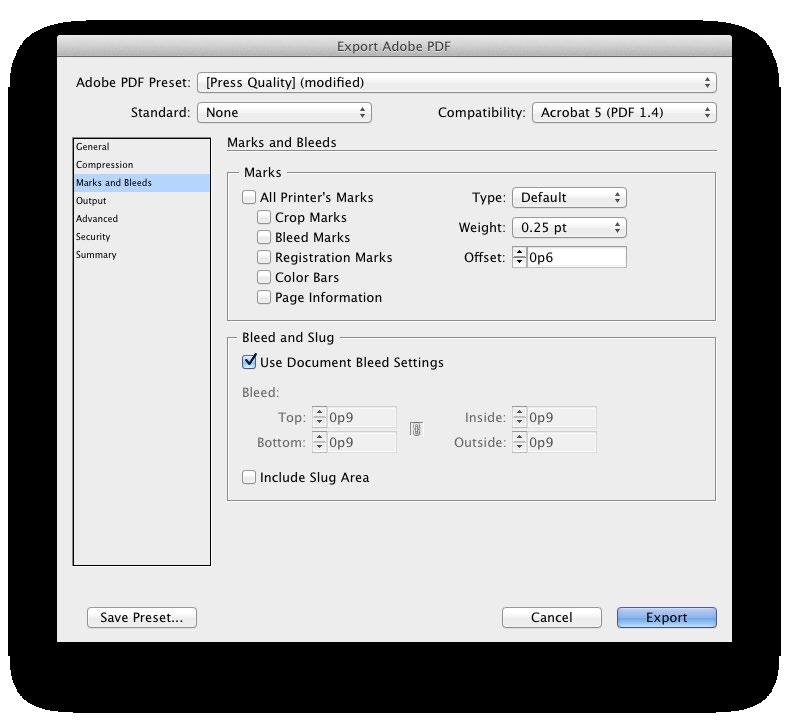 Indesign Once your file is all set up, it s important to know how to export it correctly. The image on the right shows the correct options to select when exporting a PDF from InDesign.