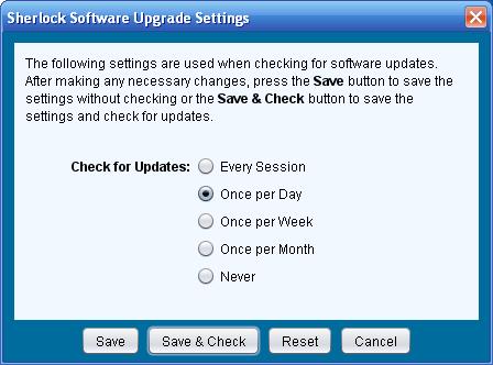 You can change the Software Upgrade reminder setting at any time by selecting Settings >> Upgrade Software from the Sherlock menu bar and choosing the desired reminder period.