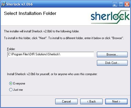 It is generally best to install Sherlock in the default folder shown when the dialog is displayed, although you are free to select any folder if you would like to keep it in a different location.