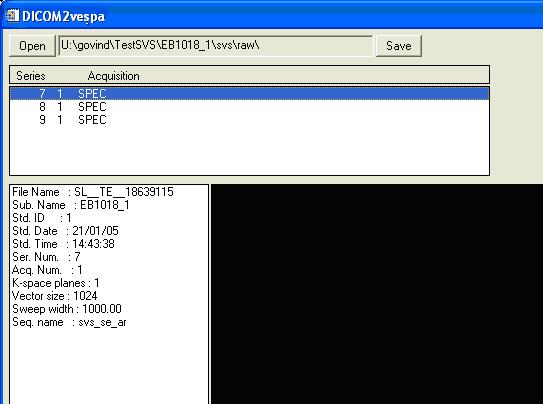 To start DICOM2VESPA, click on, on the DICOM2VESPA widget click on Open, browse to a folder that contains SVS DICOM files, e.g., U:\govind\TestSVS\EB1018_1\svs\raw.