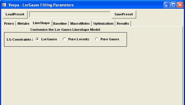 On the Vespa - LorGauss Fitting Parameters widget, click on the LineShape tab