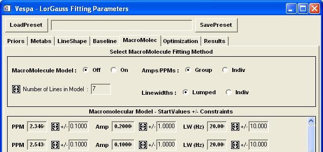Figure 35 vi) Saving spectral fit parameters All the processing parameters set thus far can be saved in a file for reloading them when you quit and restart VESPA again.