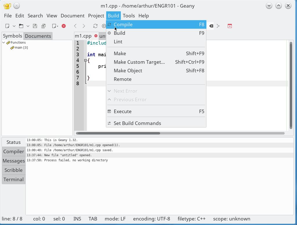 Program text to machine codes: Compile, build and run Figure: Compile, build and run in Geany Using Build menu option you can convert text of your program into machine codes (executable file) and run