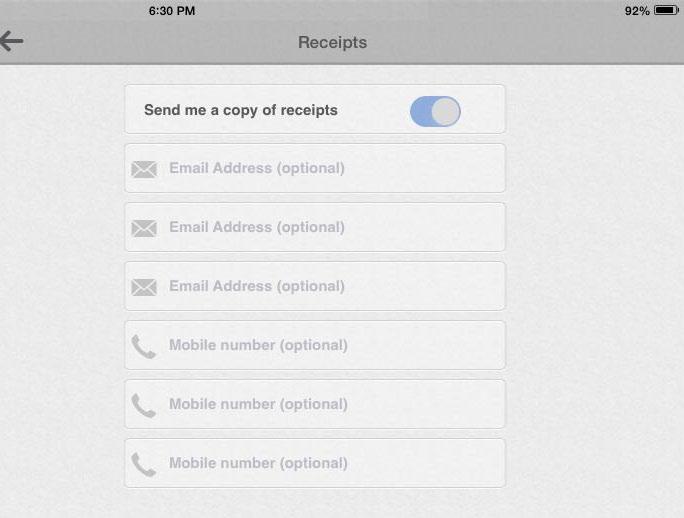 Turn Receipts on using the slider and add up to 3 mobile numbers and 3 email addresses.