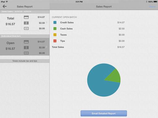 Reports Total Sales Report The total sales report summarizes credit/debit card, cash (including checks), tax and tip totals. This report can be emailed to a recipient of your choice.