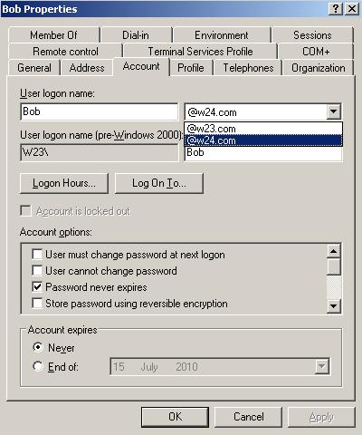 After the UPN suffixes have been created, when a new user is created or an existing user is edited, the User logon Name (UPN) will have a drop down box so that the correct UPN suffix can be applied.
