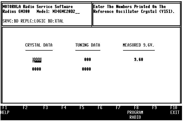 GM300 Radio Service Software Manual Servicing Features Calibration 9.3.3 Reference Crystal Data (F2) The first calibration screen is REFERENCE CRYSTAL DATA (Figure 9-10).