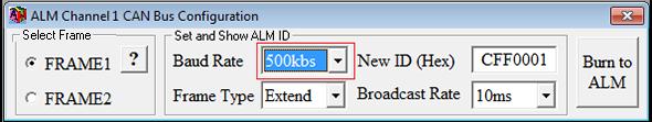 Example 3: change FRAME1 of channel 1 baud rate to 500kbs. 1) Select FRAME1. 2) Baud rate selection 500kbs.