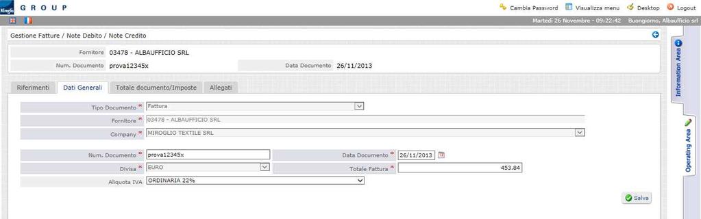 System presents the General Data where the following should be entered by vendor: o document number o