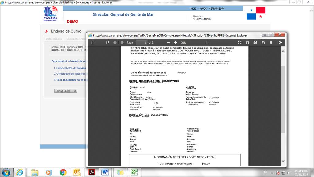 Step 3 - Printing the Acknowledgment receipt: In this section would display the information of the application, applicant