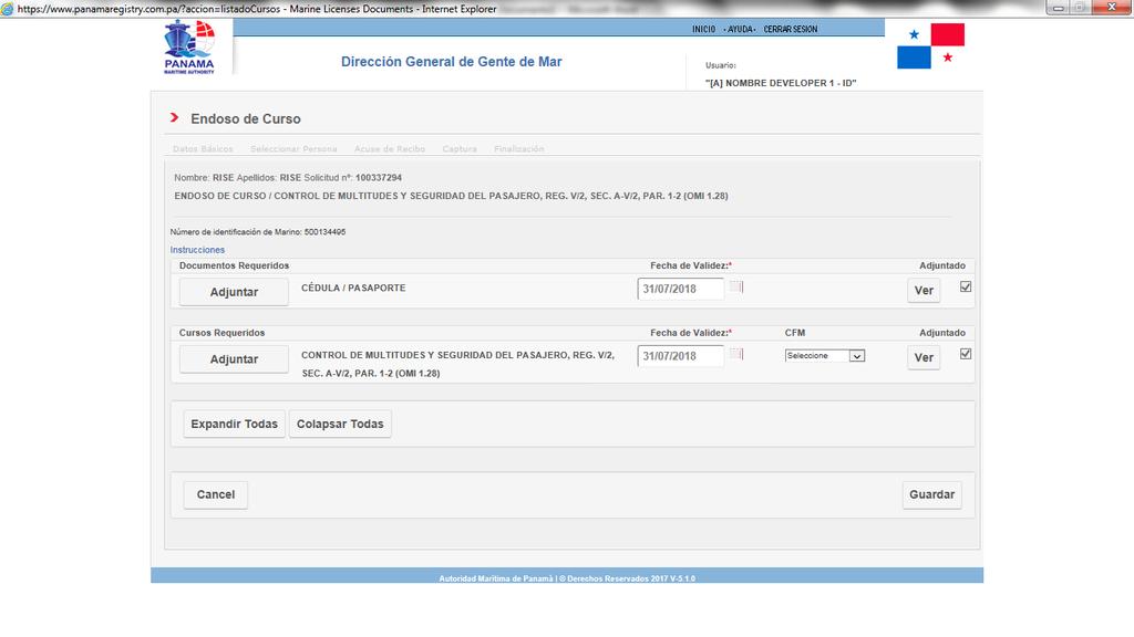 Paso 4 - Applicant s Documents: The next screen will show the requirements for the selected capacity.
