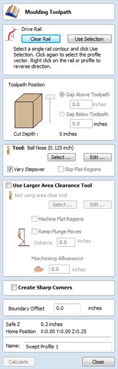 Moulding Toolpath This icon opens up the Moulding Toolpath Form. This form is used to create a toolpath from a drive rail and a profile.
