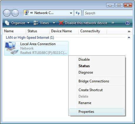 3. Single RIGHT click on Local Area connection, then click