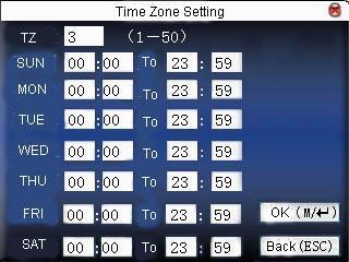 2.5.1 Time zone setting Time zone is the minimum unit of access control option. The whole system can define 50 time zones. Every time zone defines seven time sections (namely, a week).