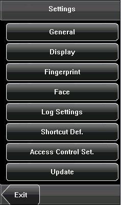 including the General, Display, Fingerprint, Face, Log settings, Shortcut Def,