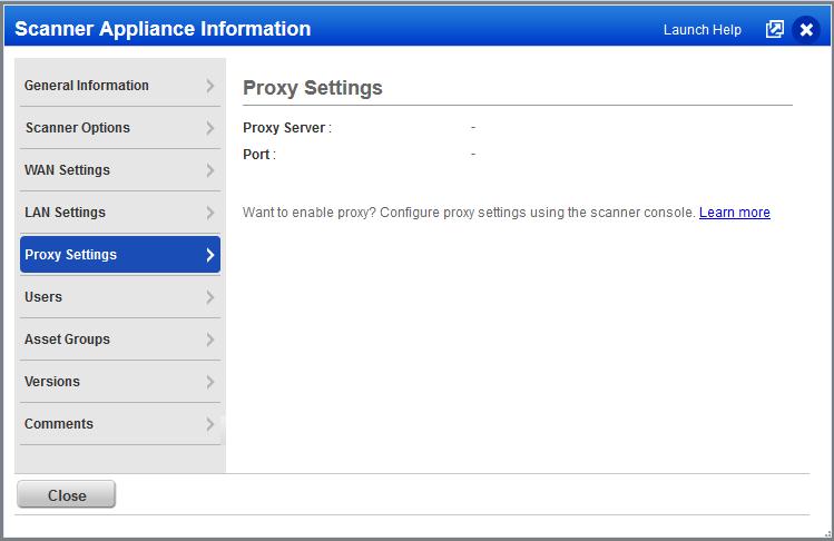 You ll notice a change to the Proxy Settings tab on the Scanner Appliance Information page for non-ec2 scanners. When proxy settings are enabled we ll show you the proxy settings here.