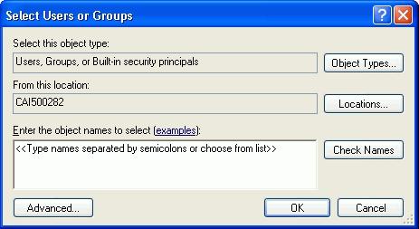 The following window appears: Select the computer or domain at the Look in field, and then select the users or user groups to which you want to