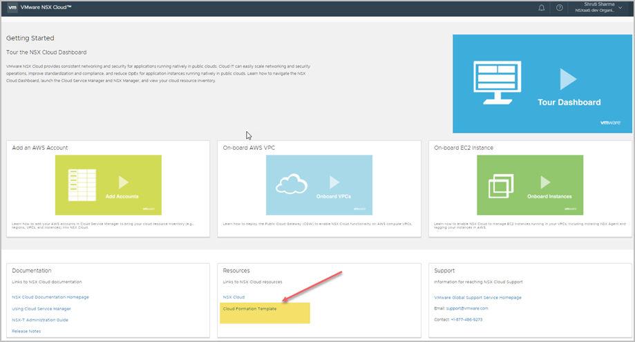 Procedure 1 In NSX Cloud: From the NSX Cloud dashboard, copy the JSON template URL from the Resources tile.