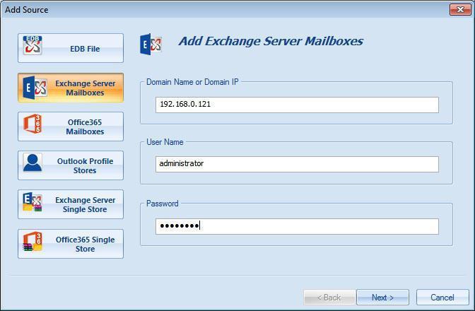 2.Exchange server mailboxes - To add Live exchange server's mailboxes into the software to save and export process. Domain name of Domain IP - Of the desire Exchnage server.