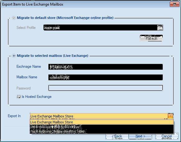 3. Export in option is also allot in the Wizard box from which you can choose Live exchange mailbox, Live exchange archive mailbox and Live Exchange public folder.