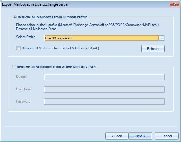 2. After that click on Next button the filter page there will be option provide to for selecting live exchange Outlook profile which will be sub categorized in two categories Retrieve All Mailboxes