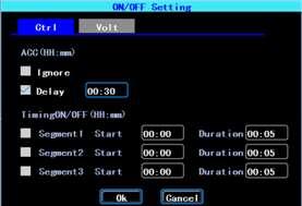On/Off Control setting The On/Off Volt is for setting the voltage to shut down and start on the device, this feature can avoid the device draining the vehicle s battery.