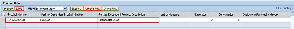 You can Delete rows here as well. 3. To add new partner specific descriptions/numbers, press Append Row, an additional row will appear in the list, ready for input.