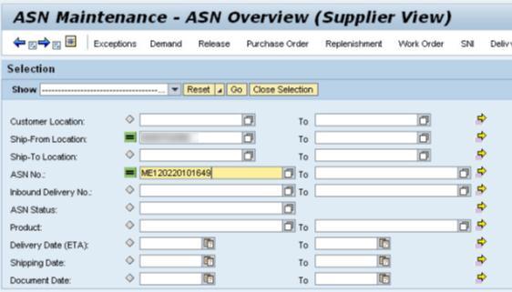 Go to the ASN overview (Menu path: Delivery Advanced Shipping Notification ASN Overview) Using the ASN