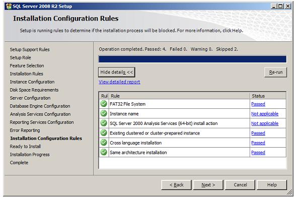 Note: If you selected Analysis Services Configuration and/or Reporting Services as a feature to install, the Configuration page for these will be displayed 21.