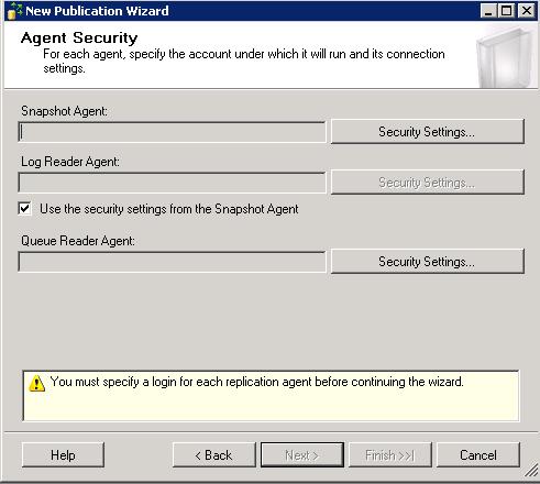 22. Click Next 23. On the Agent Security screen, in the Snapshot Agent section, click Security Settings 24.