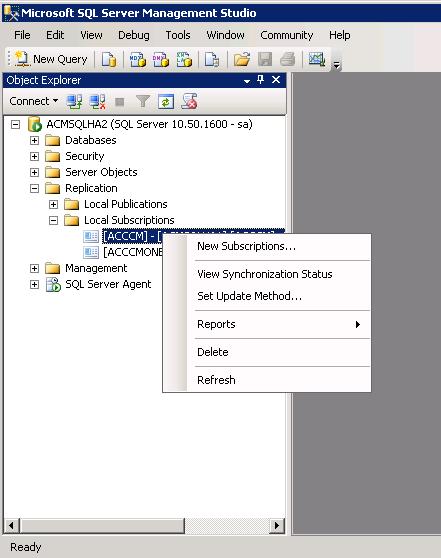 From Microsoft SQL Server Management Studio connect the secondary Avaya Control Manager server that was configured as