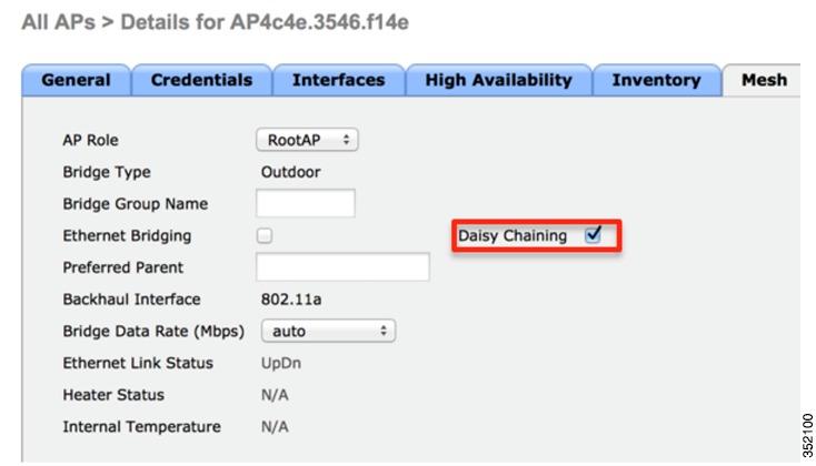 To enable Daisy Chaining from the WLC GUI, navigate to the Wireless > Access Point >AP NAME > Mesh tab, and then check the Daisy Chaining check box.