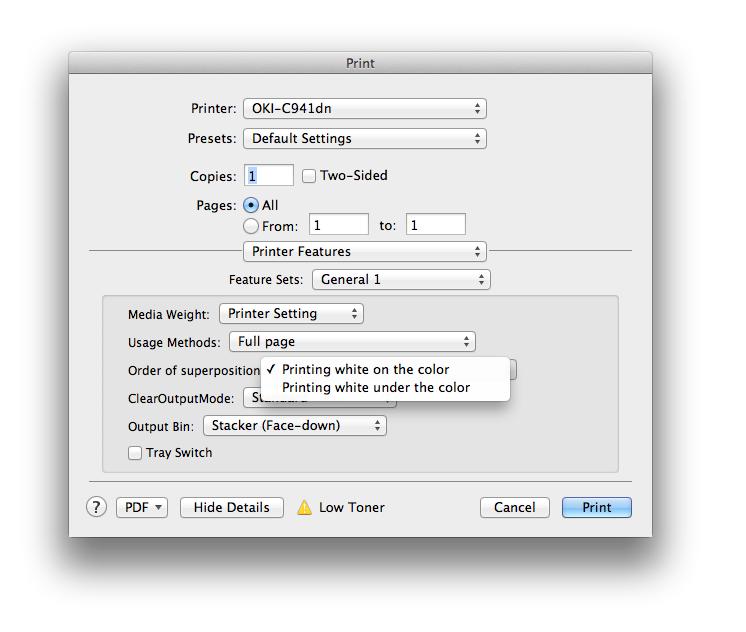 Printing with Clear or White toner from a Mac (continued) To print using White toner, follow steps on previous page for Fig. A through Fig. F, selecting White in Fig. C (SpotColor Toner).