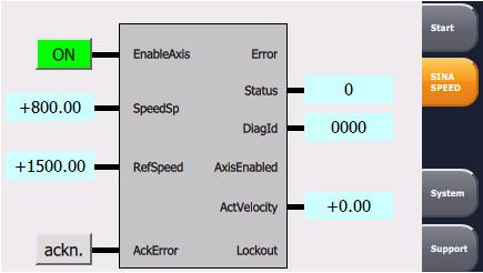 6 Operating the application example 6.1.2 Operating the SINA_SPEED block The schematic call of the block is shown in the SINA_SPEED operator screen.