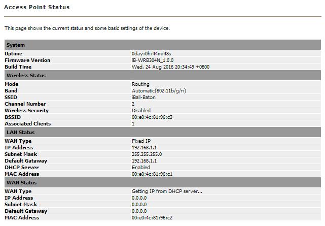 Password, Diagnostic Tools, and Restart. 300M Wireless-N Broadband Router (ib-wrb314n) 7.1. Status Info. This Page shows the current status of Wireless Router.