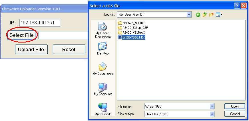 4 Select WISE firmware file Click Select File button; browse the file through the File Dialog