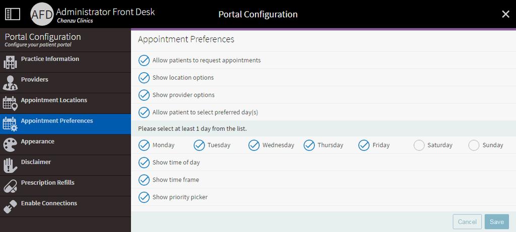 How to Get Here 15 Appointment Preferences The Appointments Preferences page allows you to select whether to allow patients to request appointments via the portal.